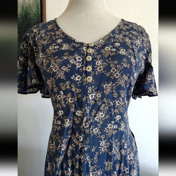 #81 Vintage All That Jazz Women's 90s Retro Blue Floral Maxi Long Dress Size M - Picture 2 of 8